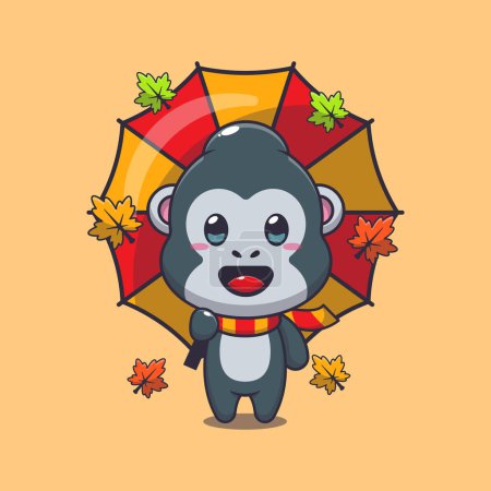 Illustration for Cute gorilla with umbrella at autumn season. Mascot cartoon vector illustration suitable for poster, brochure, web, mascot, sticker, logo and icon. - Royalty Free Image