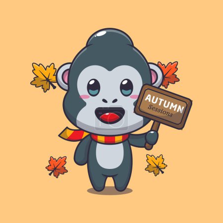 Illustration for Cute gorilla with autumn sign board. Mascot cartoon vector illustration suitable for poster, brochure, web, mascot, sticker, logo and icon. - Royalty Free Image