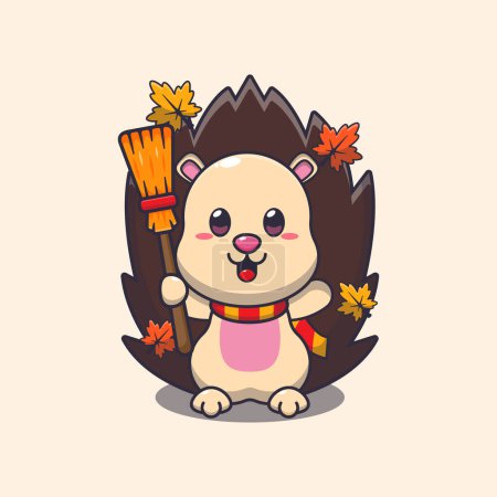 Illustration for Cute autumn hedgehog holding broom. Mascot cartoon vector illustration suitable for poster, brochure, web, mascot, sticker, logo and icon. - Royalty Free Image