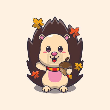 Illustration for Cute hedgehog with acorns at autumn season. Mascot cartoon vector illustration suitable for poster, brochure, web, mascot, sticker, logo and icon. - Royalty Free Image