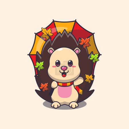 Illustration for Cute hedgehog with umbrella at autumn season. Mascot cartoon vector illustration suitable for poster, brochure, web, mascot, sticker, logo and icon. - Royalty Free Image