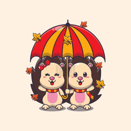 Illustration for Cute couple hedgehog with umbrella at autumn season. Mascot cartoon vector illustration suitable for poster, brochure, web, mascot, sticker, logo and icon. - Royalty Free Image
