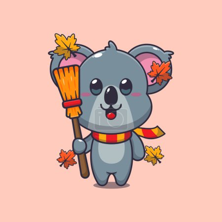 Illustration for Cute autumn koala holding broom. Mascot cartoon vector illustration suitable for poster, brochure, web, mascot, sticker, logo and icon. - Royalty Free Image