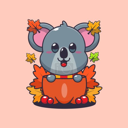 Illustration for Cute koala in a pumpkin at autumn season. Mascot cartoon vector illustration suitable for poster, brochure, web, mascot, sticker, logo and icon. - Royalty Free Image