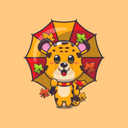 Illustration for Cute leopard with umbrella at autumn season. Mascot cartoon vector illustration suitable for poster, brochure, web, mascot, sticker, logo and icon. - Royalty Free Image
