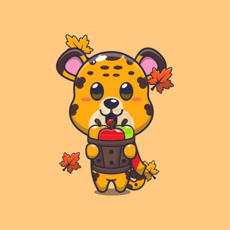 Illustration for Cute leopard holding a apple in wood bucket. Mascot cartoon vector illustration suitable for poster, brochure, web, mascot, sticker, logo and icon. - Royalty Free Image