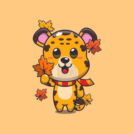 Téléchargez les illustrations : Mignon léopard tenant feuille d'automne. Illustration vectorielle de dessin animé mascotte adaptée à l'affiche, brochure, web, mascotte, autocollant, logo et icône. - en licence libre de droit