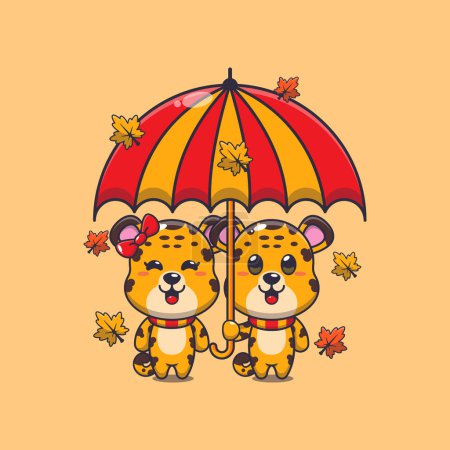 Téléchargez les illustrations : Mignon couple léopard avec parapluie à l'automne. Illustration vectorielle de dessin animé mascotte adaptée à l'affiche, brochure, web, mascotte, autocollant, logo et icône. - en licence libre de droit