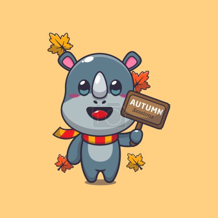 Ilustración de Lindo rinoceronte con cartel de otoño. Ilustración de vectores de dibujos animados de mascotas adecuada para póster, folleto, web, mascota, pegatina, logotipo e icono. - Imagen libre de derechos