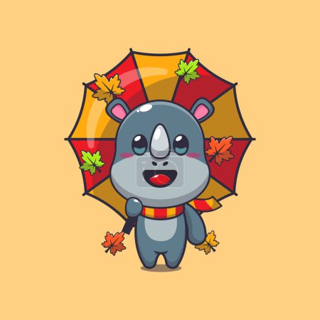 Ilustración de Lindo rinoceronte con paraguas en la temporada de otoño. Ilustración de vectores de dibujos animados de mascotas adecuada para póster, folleto, web, mascota, pegatina, logotipo e icono. - Imagen libre de derechos