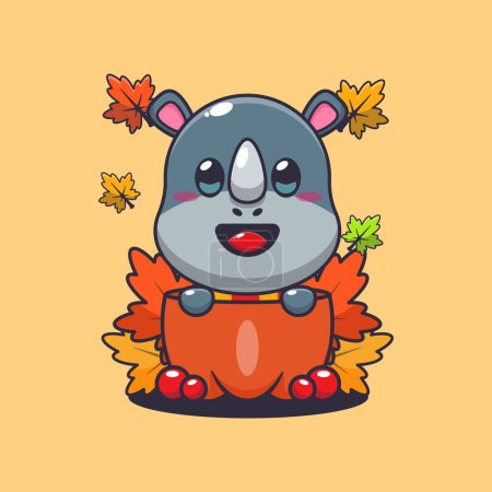 Ilustración de Lindo rinoceronte en una calabaza en la temporada de otoño. Ilustración de vectores de dibujos animados de mascotas adecuada para póster, folleto, web, mascota, pegatina, logotipo e icono. - Imagen libre de derechos