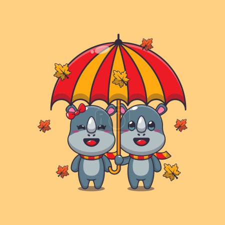 Téléchargez les illustrations : Cute couple rhino with umbrella at autumn season. Mascot cartoon vector illustration suitable for poster, brochure, web, mascot, sticker, logo and icon. - en licence libre de droit