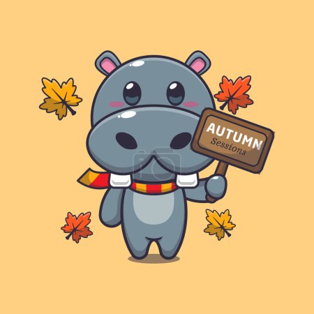 Illustration for Cute hippo with autumn sign board. Mascot cartoon vector illustration suitable for poster, brochure, web, mascot, sticker, logo and icon. - Royalty Free Image