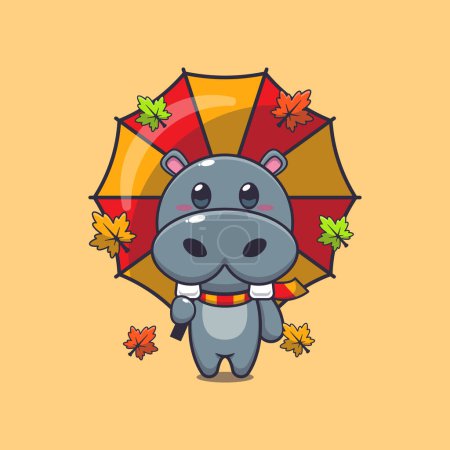 Téléchargez les illustrations : Mignon hippopotame avec parapluie à l'automne. Illustration vectorielle de dessin animé mascotte adaptée à l'affiche, brochure, web, mascotte, autocollant, logo et icône. - en licence libre de droit
