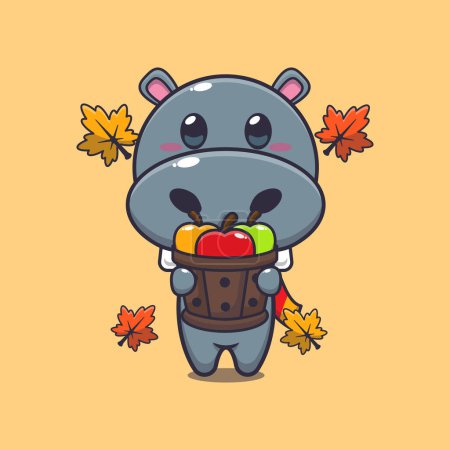 Illustration for Cute hippo holding a apple in wood bucket. Mascot cartoon vector illustration suitable for poster, brochure, web, mascot, sticker, logo and icon. - Royalty Free Image