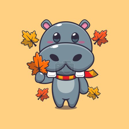 Téléchargez les illustrations : Mignon hippopotame tenant feuille d'automne. Illustration vectorielle de dessin animé mascotte adaptée à l'affiche, brochure, web, mascotte, autocollant, logo et icône. - en licence libre de droit