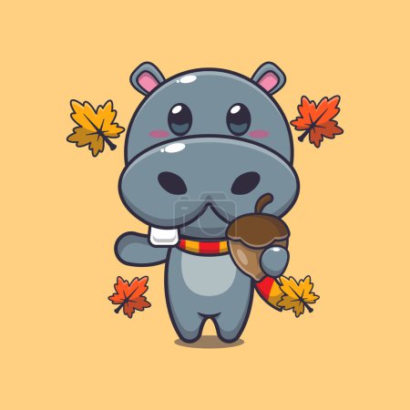 Ilustración de Lindo hipopótamo con bellotas en la temporada de otoño. Ilustración de vectores de dibujos animados de mascotas adecuada para póster, folleto, web, mascota, pegatina, logotipo e icono. - Imagen libre de derechos