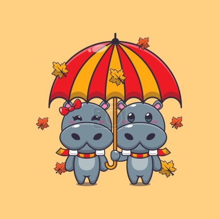 Téléchargez les illustrations : Joli couple hippopotame avec parapluie à l'automne. Illustration vectorielle de dessin animé mascotte adaptée à l'affiche, brochure, web, mascotte, autocollant, logo et icône. - en licence libre de droit