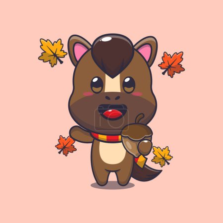 Illustration for Cute horse with acorns at autumn season. Mascot cartoon vector illustration suitable for poster, brochure, web, mascot, sticker, logo and icon. - Royalty Free Image