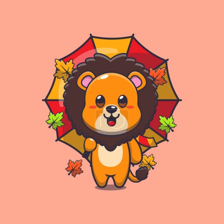 Illustration for Cute lion with umbrella at autumn season. Mascot cartoon vector illustration suitable for poster, brochure, web, mascot, sticker, logo and icon. - Royalty Free Image
