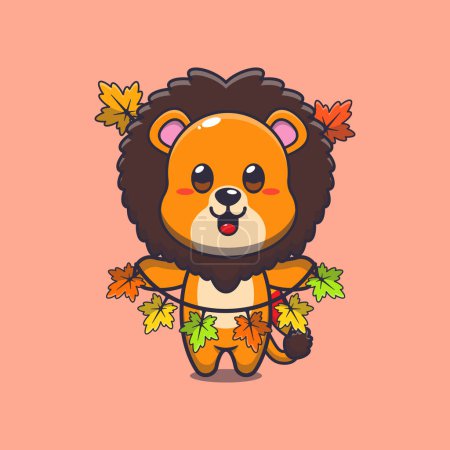 Illustration for Cute lion with autumn leaf decoration. Mascot cartoon vector illustration suitable for poster, brochure, web, mascot, sticker, logo and icon. - Royalty Free Image