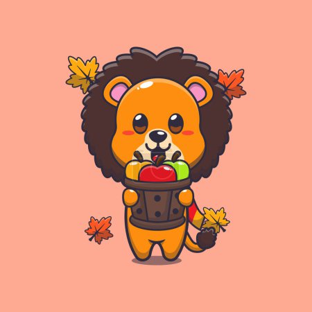 Illustration for Cute lion holding a apple in wood bucket. Mascot cartoon vector illustration suitable for poster, brochure, web, mascot, sticker, logo and icon. - Royalty Free Image