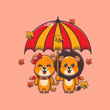 Téléchargez les illustrations : Mignon couple lion avec parapluie à l'automne. Illustration vectorielle de dessin animé mascotte adaptée à l'affiche, brochure, web, mascotte, autocollant, logo et icône. - en licence libre de droit