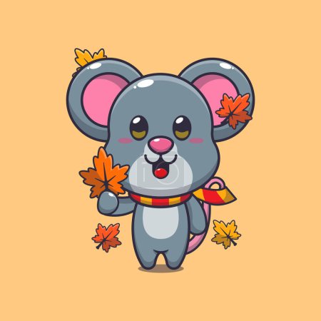 Illustration for Cute mouse holding autumn leaf. Mascot cartoon vector illustration suitable for poster, brochure, web, mascot, sticker, logo and icon. - Royalty Free Image