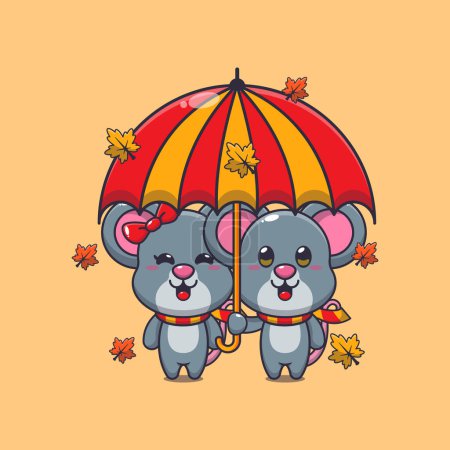 Ilustración de Linda pareja de ratón con paraguas en la temporada de otoño. Ilustración de vectores de dibujos animados de mascotas adecuada para póster, folleto, web, mascota, pegatina, logotipo e icono. - Imagen libre de derechos