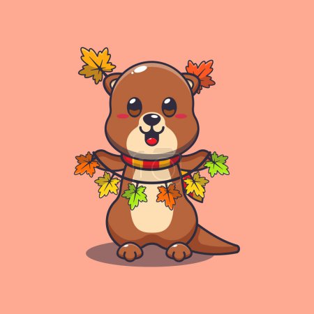 Ilustración de Bonita nutria con decoración de hojas de otoño. Ilustración de vectores de dibujos animados de mascotas adecuada para póster, folleto, web, mascota, pegatina, logotipo e icono. - Imagen libre de derechos
