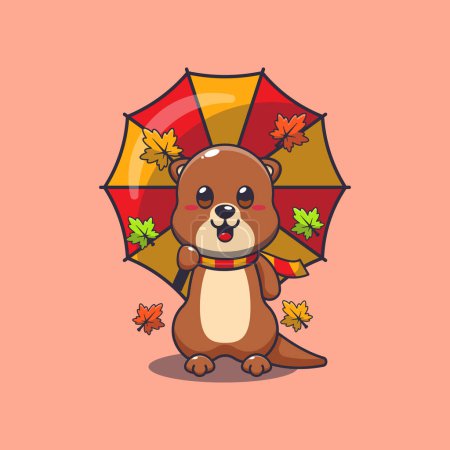 Illustration for Cute otter with umbrella at autumn season. Mascot cartoon vector illustration suitable for poster, brochure, web, mascot, sticker, logo and icon. - Royalty Free Image
