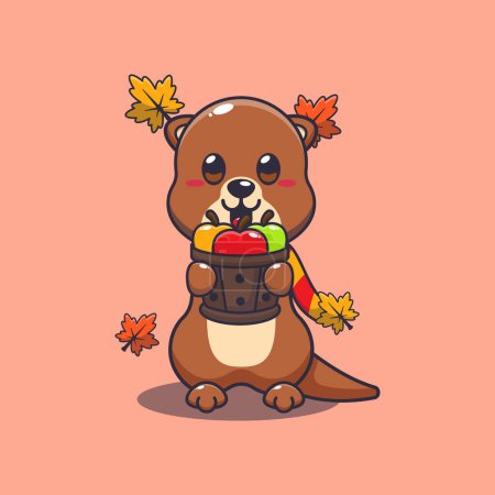 Cute otter holding a apple in wood bucket. Mascot cartoon vector illustration suitable for poster, brochure, web, mascot, sticker, logo and icon.