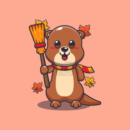 Cute autumn otter holding broom. Mascot cartoon vector illustration suitable for poster, brochure, web, mascot, sticker, logo and icon.