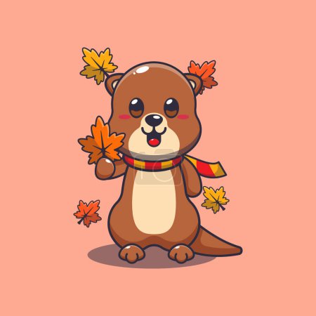Ilustración de Linda nutria sosteniendo la hoja de otoño. Ilustración de vectores de dibujos animados de mascotas adecuada para póster, folleto, web, mascota, pegatina, logotipo e icono. - Imagen libre de derechos