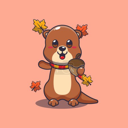 Illustration for Cute otter with acorns at autumn season. Mascot cartoon vector illustration suitable for poster, brochure, web, mascot, sticker, logo and icon. - Royalty Free Image