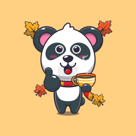 Téléchargez les illustrations : Mignon panda avec café en automne. Illustration vectorielle de dessin animé mascotte adaptée à l'affiche, brochure, web, mascotte, autocollant, logo et icône. - en licence libre de droit