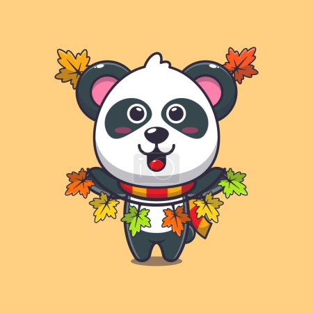 Téléchargez les illustrations : Mignon panda avec décoration de feuilles d'automne. Illustration vectorielle de dessin animé mascotte adaptée à l'affiche, brochure, web, mascotte, autocollant, logo et icône. - en licence libre de droit