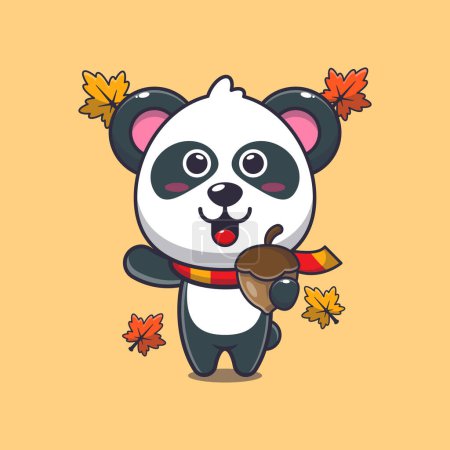 Téléchargez les illustrations : Panda mignon avec glands à la saison d'automne. Illustration vectorielle de dessin animé mascotte adaptée à l'affiche, brochure, web, mascotte, autocollant, logo et icône. - en licence libre de droit