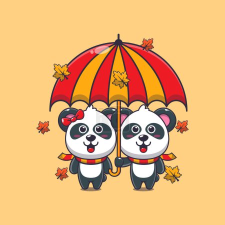 Téléchargez les illustrations : Couple mignon panda avec parapluie à l'automne. Illustration vectorielle de dessin animé mascotte adaptée à l'affiche, brochure, web, mascotte, autocollant, logo et icône. - en licence libre de droit