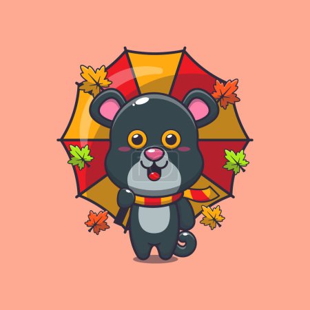 Illustration for Cute panther with umbrella at autumn season. Mascot cartoon vector illustration suitable for poster, brochure, web, mascot, sticker, logo and icon. - Royalty Free Image