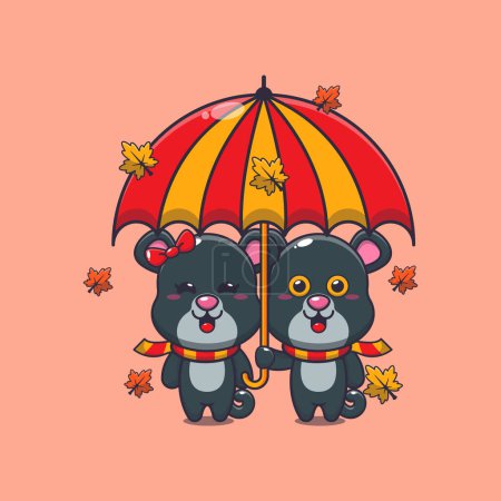 Ilustración de Linda pareja pantera con paraguas en la temporada de otoño. Ilustración de vectores de dibujos animados de mascotas adecuada para póster, folleto, web, mascota, pegatina, logotipo e icono. - Imagen libre de derechos