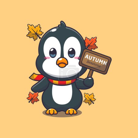 Téléchargez les illustrations : Mignon pingouin avec panneau d'automne. Illustration vectorielle de dessin animé mascotte adaptée à l'affiche, brochure, web, mascotte, autocollant, logo et icône. - en licence libre de droit