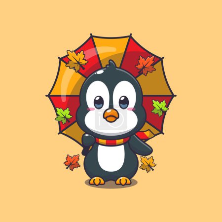 Illustration for Cute penguin with umbrella at autumn season. Mascot cartoon vector illustration suitable for poster, brochure, web, mascot, sticker, logo and icon. - Royalty Free Image