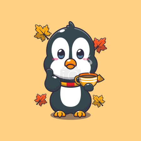 Illustration for Cute penguin with coffee in autumn season. Mascot cartoon vector illustration suitable for poster, brochure, web, mascot, sticker, logo and icon. - Royalty Free Image