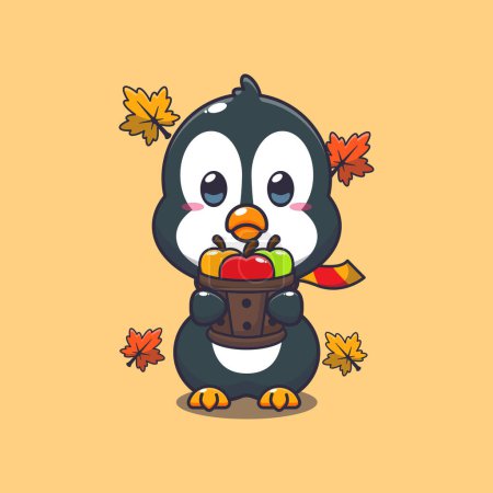 Téléchargez les illustrations : Mignon pingouin tenant une pomme dans un seau en bois. Illustration vectorielle de dessin animé mascotte adaptée à l'affiche, brochure, web, mascotte, autocollant, logo et icône. - en licence libre de droit