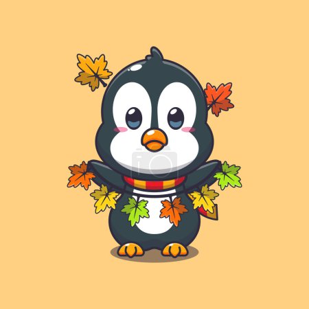 Illustration for Cute penguin with autumn leaf decoration. Mascot cartoon vector illustration suitable for poster, brochure, web, mascot, sticker, logo and icon. - Royalty Free Image