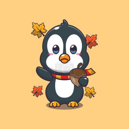 Illustration for Cute penguin with acorns at autumn season. Mascot cartoon vector illustration suitable for poster, brochure, web, mascot, sticker, logo and icon. - Royalty Free Image