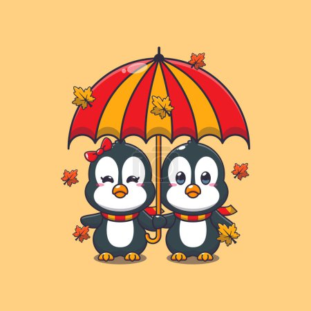 Téléchargez les illustrations : Mignon couple pingouin avec parapluie à la saison d'automne. Illustration vectorielle de dessin animé mascotte adaptée à l'affiche, brochure, web, mascotte, autocollant, logo et icône. - en licence libre de droit