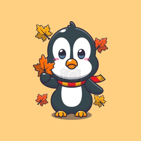 Téléchargez les illustrations : Mignon pingouin tenant feuille d'automne. Illustration vectorielle de dessin animé mascotte adaptée à l'affiche, brochure, web, mascotte, autocollant, logo et icône. - en licence libre de droit