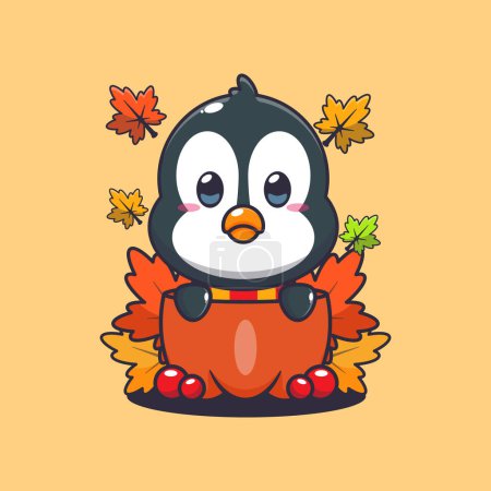 Illustration for Cute penguin in a pumpkin at autumn season. Mascot cartoon vector illustration suitable for poster, brochure, web, mascot, sticker, logo and icon. - Royalty Free Image